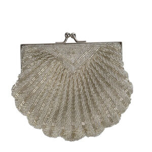NWT VINTAGE Le Regale Clamshell Purse Beaded Silver Chain Strap Kiss Lock Clasp